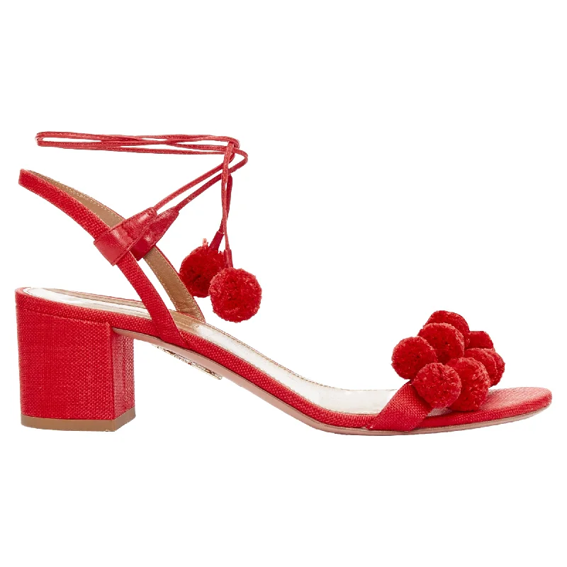 Cheap high heels for simple nights-Aquazzura pom pom red raffia applique ankle tie mid heels