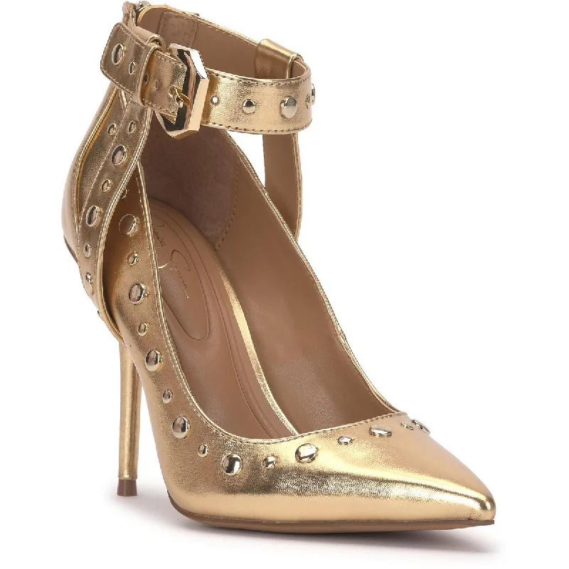 Slip-on high heels for quick evenings-Jessica Simpson Womens Hinjosa Faux Leather Studded Pumps