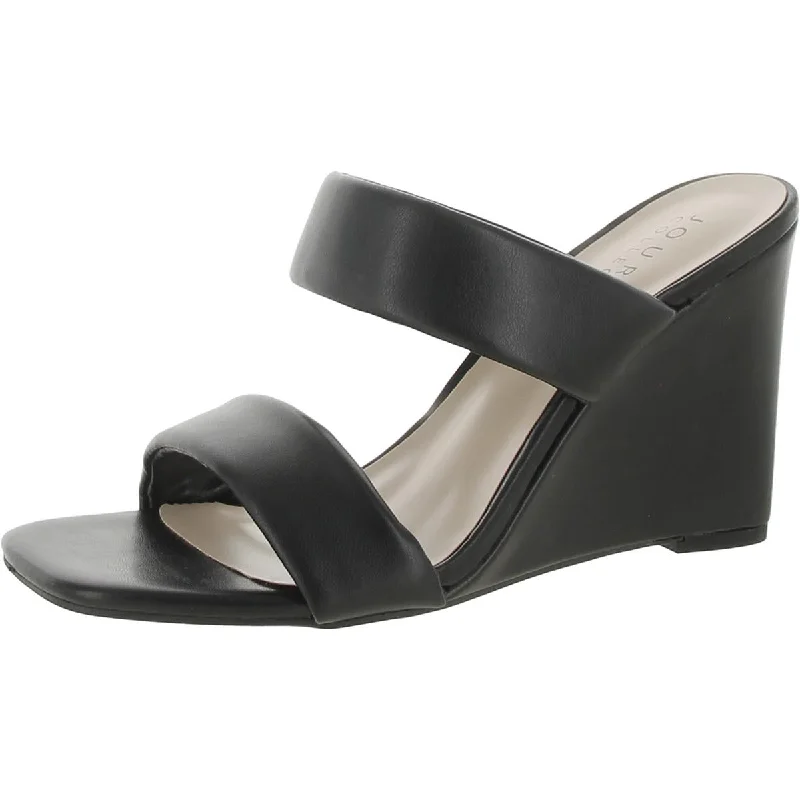 sandals for walking comfortably in heat-Journee Collection Womens Faux Leather Square Toe Wedge Heels