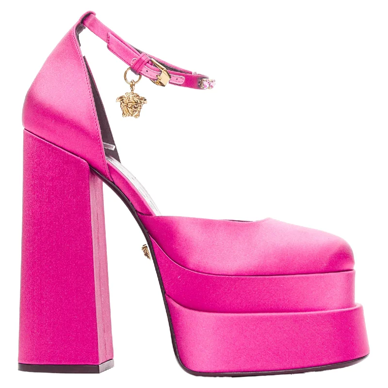 Stylish high heels for urban evenings-Versace Aevitas Fuchsia Satin Gold Crystal Medusa Platform