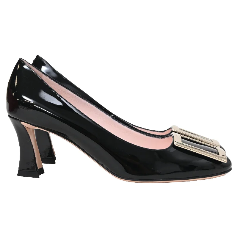 Slip-on high heels for quick evenings-Roger Vivier Trompette Buckle Pumps in Black Patent Leather