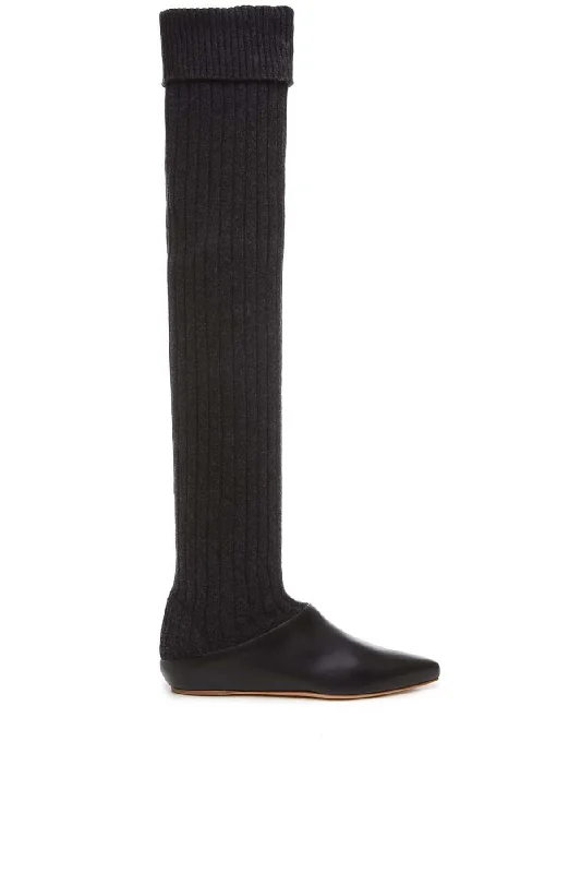 Boots with woven frost textures -Jimena Sock Boot in Black Cashmere & Leather