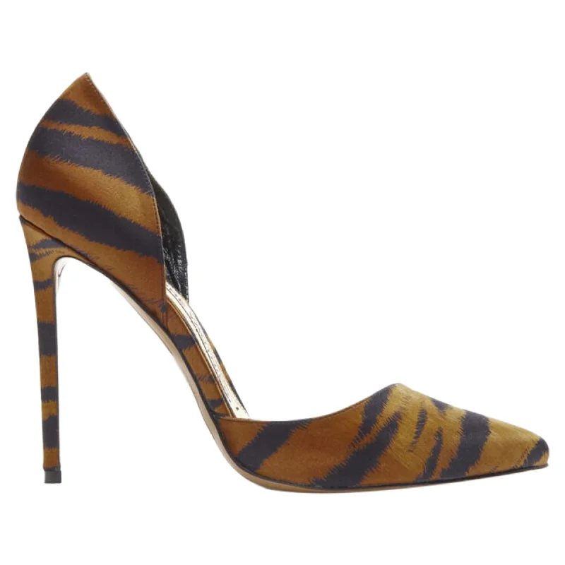 Cheap high heels for simple nights-Alexandre Vauthier Angelina brown black tiger satin stiletto pumps