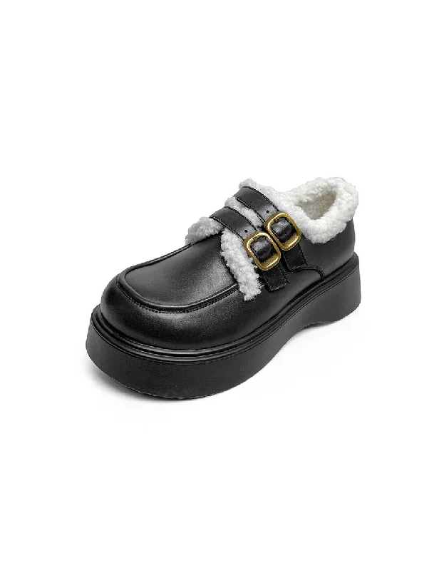 Premium loafers for elegant looks-Double Buckle Round Toe Winter Loafers With Fur