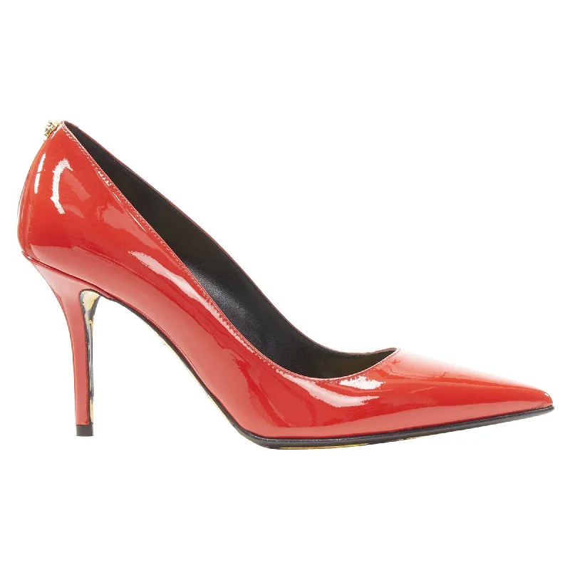 Slip-on high heels for easy evenings-VERSACE Hibiscus Barocco  patent Medusa stud pump