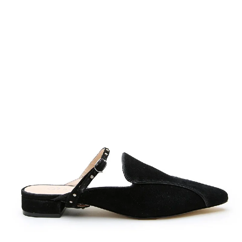 Slip-on loafers for easy evenings-Black Suede Pointed Loafer + Studded Twiggy Strap