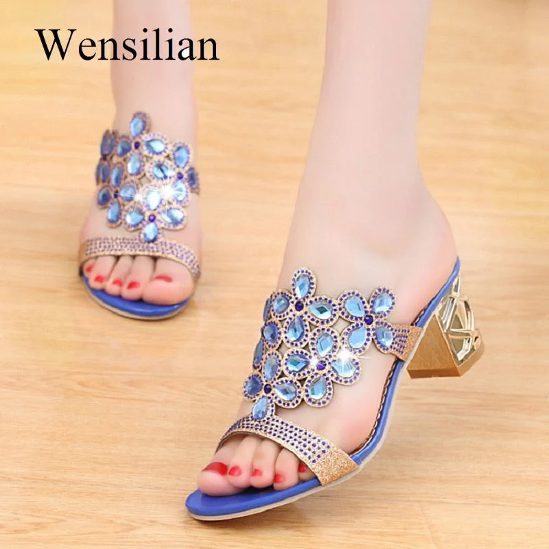 Slippers with tidy lines -Designer Ladies Slides Slippers Sandals Crystal Peep Toe Middle Heels