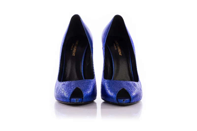 Soft high heels for cozy nights-Saint Laurent Blue Metallic Peeptoe Pumps