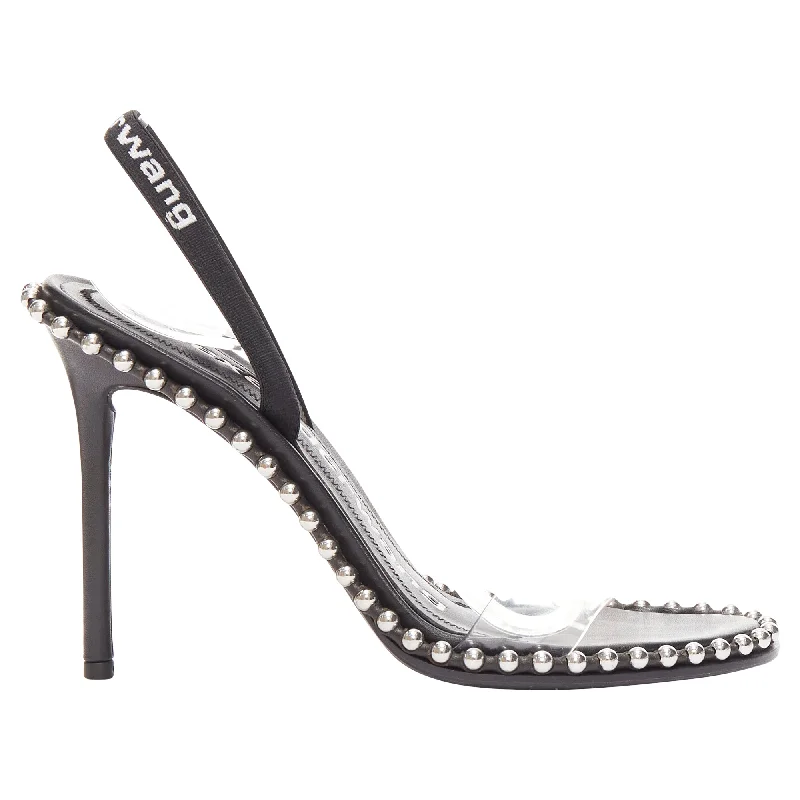 Lightweight high heels for sunny evenings-Alexander Wang Nova 105 silver studded black logo slingback heels