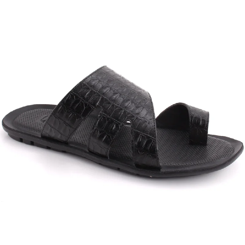 Slippers for bleak eves -Men “ESTEBAN” Toe Ring Textured Side Cut Out Wide Strap Slip On Slippers