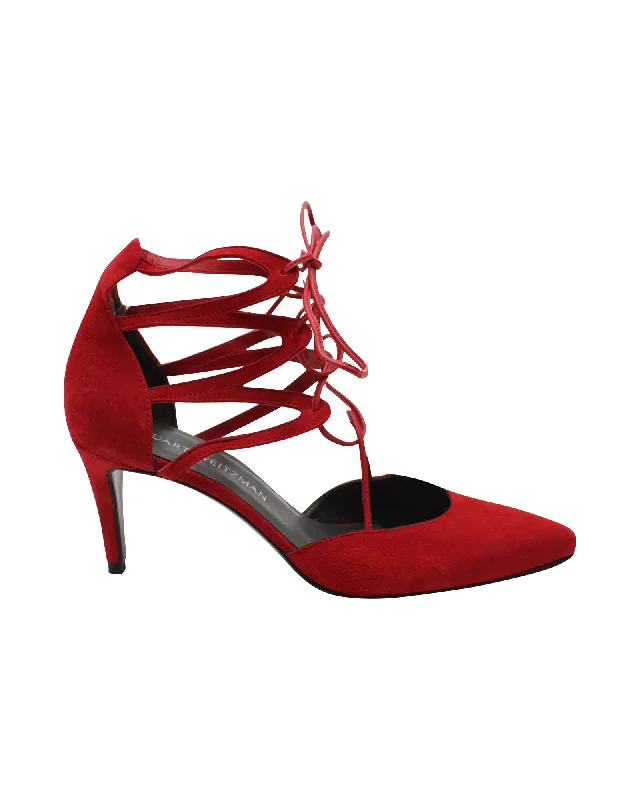 Comfortable high heels for long nights-Stuart Weitzman Strappy Pumps in Red Suede