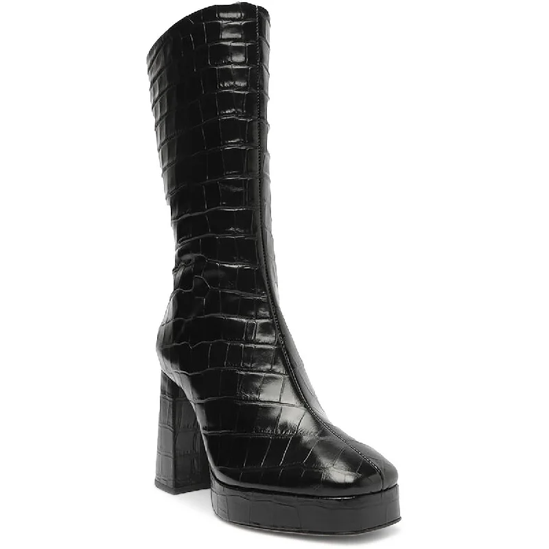 Boots for casual frost dinners -Schutz Womens BOTA SALTO ALTO Leather Croc Thigh-High Boots