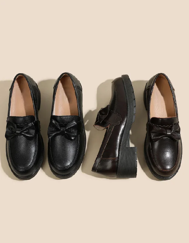 Premium loafers for classy nights-Bowknot British Style Chunky Heel Loafers