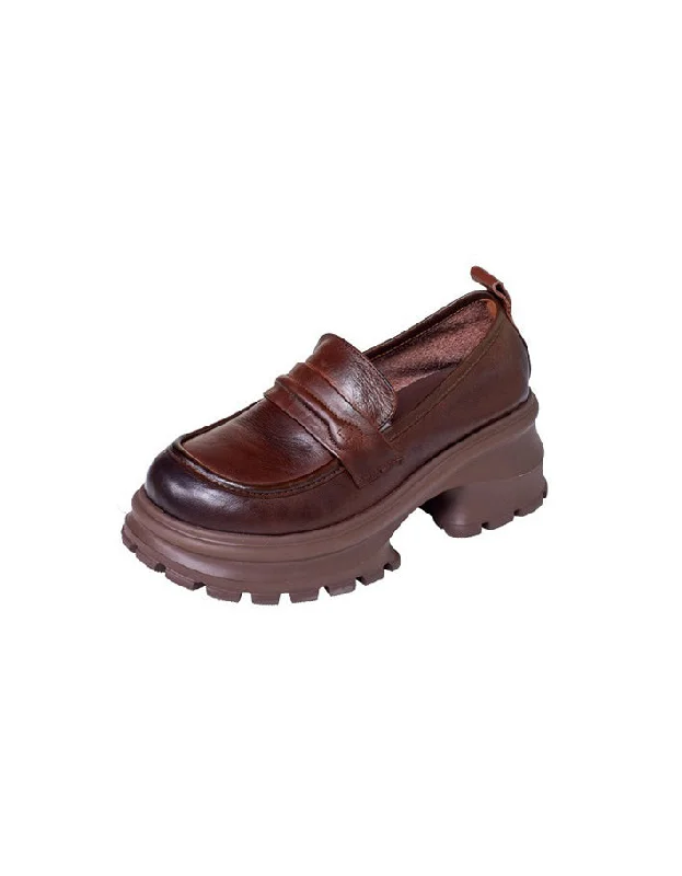 Cushioned loafers for gentle nights-Retro Leather Wide Toe BoxPlatform Chunky Loafers