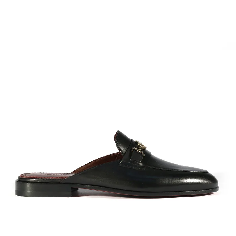 Slippers with tight beds -Valentino 19700/M Men's Shoes Black Calf-Skin Leather Slipper Mules (VAL1000)