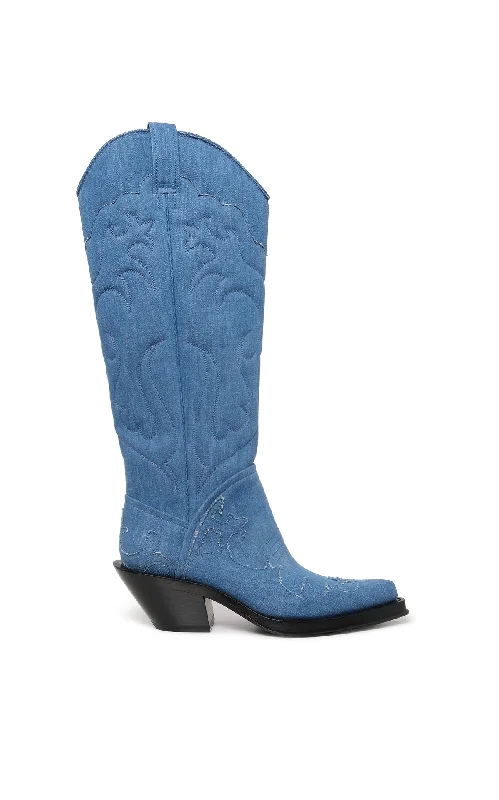 Boots with stretch leather uppers -Capitana Cowboy Boot in Light Blue Recycled Cotton Linen Denim