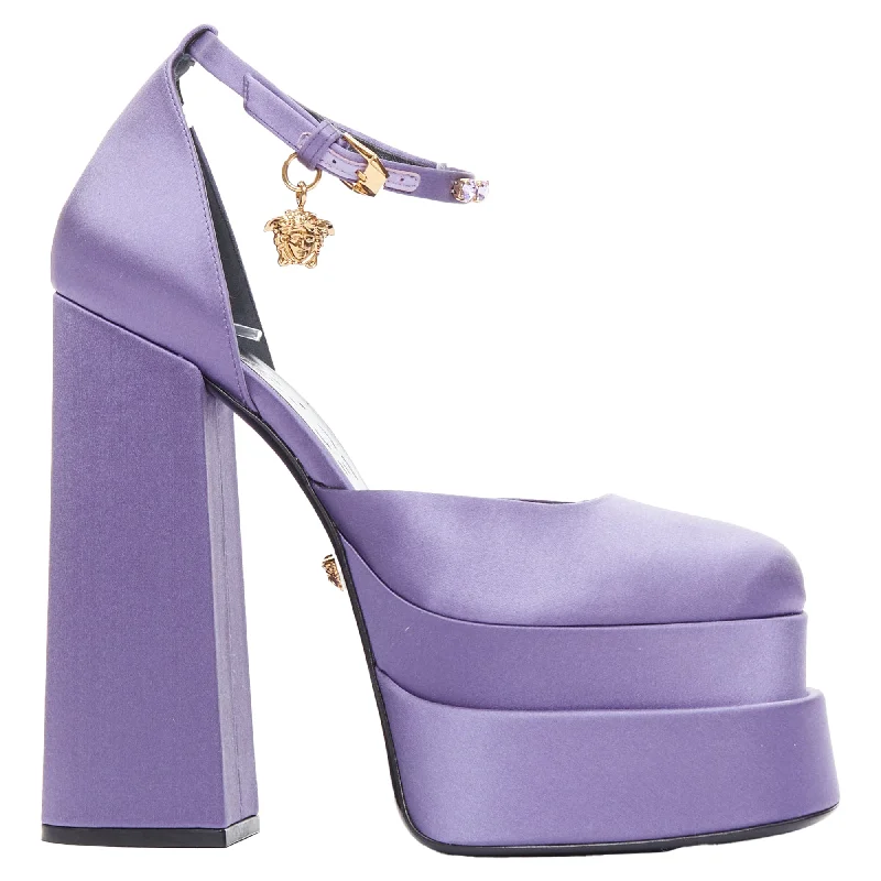 Fashionable high heels for weekend vibes-Versace Aevitas Lilac Satin Gold Crystal Medusa Platform