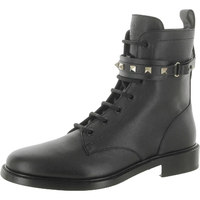 Boots for stylish frost vibes -Valentino Garavani Womens Leather Studded Combat & Lace-Up Boots