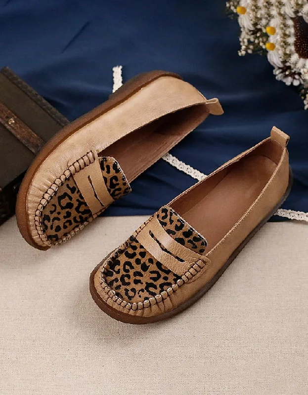 Breathable loafers for hot days-Retro Leather Leopard Flat Comfortable Loafers