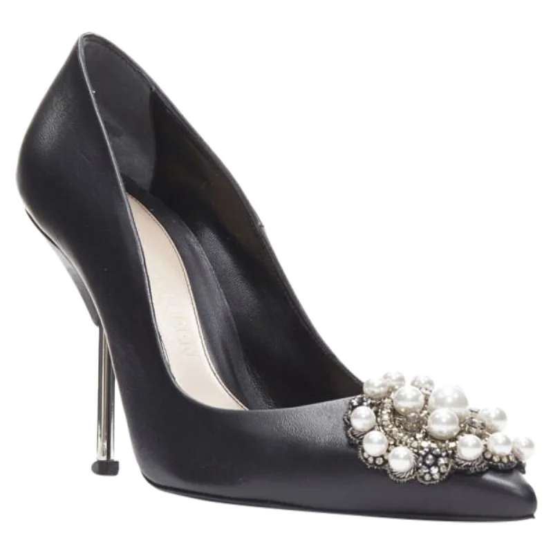 Breathable high heels for warm evenings-Alexander McQueen black pearl metal embellished stiletto pumps