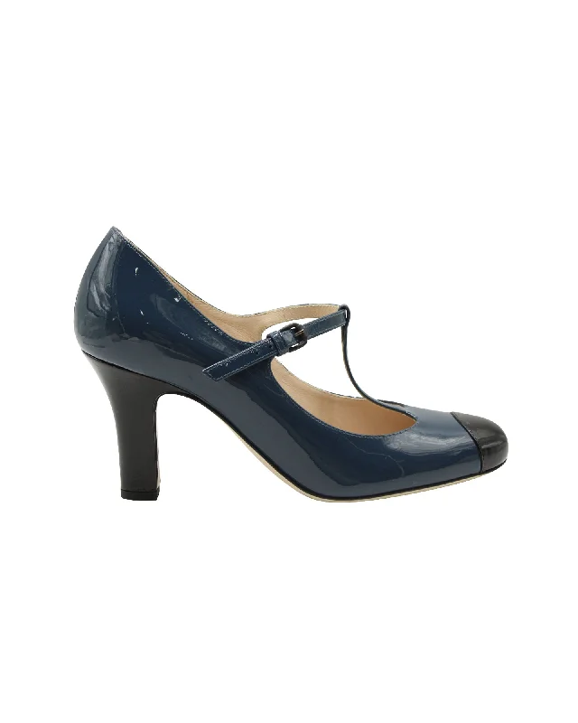 Soft high heels for warm nights-Bottega Veneta T-Strap Two-Toned Mary Janes in Blue Patent Leather