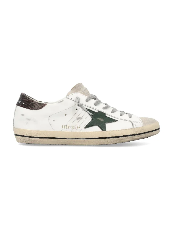 Shoes with trim outlines -GOLDEN GOOSE Superstar Leather Sneakers in White Pearl with Green and Brown Accents