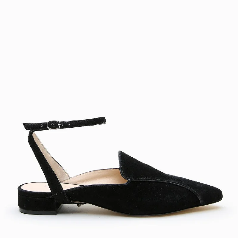 Soft loafers for warm evenings-Black Suede Pointed Loafer + Marilyn Strap