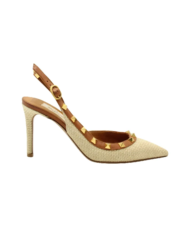 Comfortable high heels for relaxed evenings-Valentino Garavani Rockstud Leather Trimmed Slingback Heels in Beige Raffia