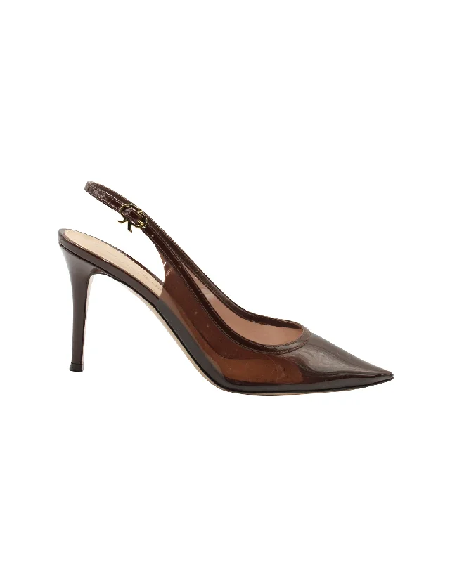 Soft high heels for warm evenings-Gianvito Rossi Plexi 85 Slingback Pumps in Brown Leather-Trimmed PVC