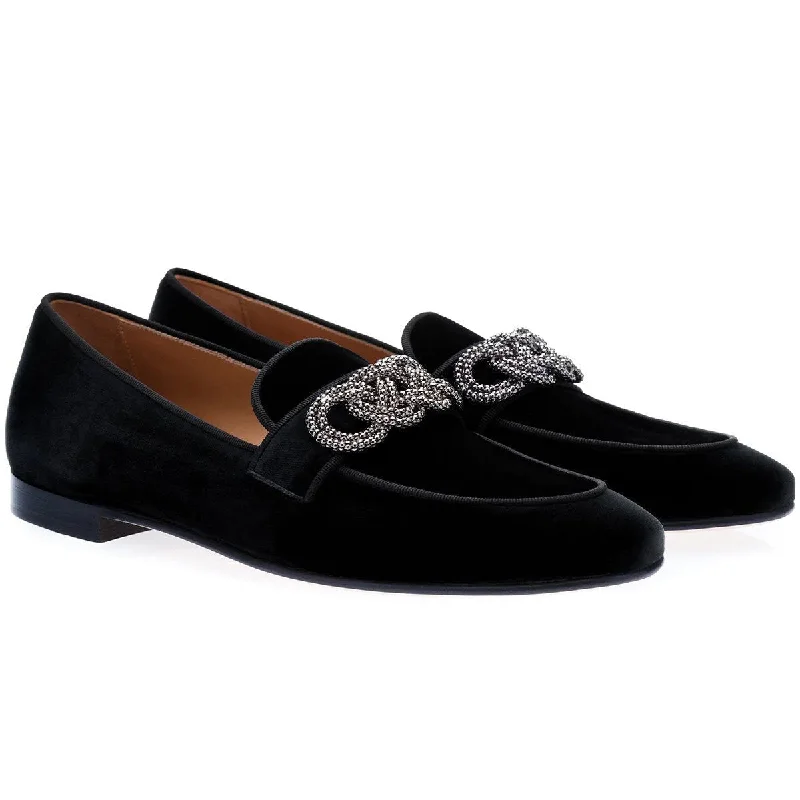 Slippers with cling beds -SUPERGLAMOUROUS Morosino Men's Shoes Black Velour Velvet Slipper Loafers (SPGM1033)