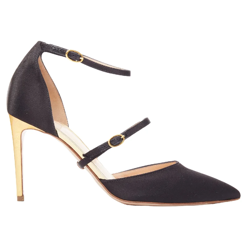 Stylish high heels for city evenings-Rupert Sanderson Arletta Satin Gold Buckle Heels Pumps