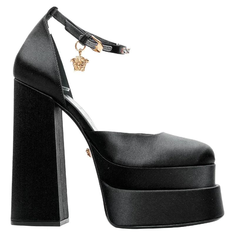 Comfortable high heels for long evenings-Versace Runway Aevitas Satin Gold Crystal Medusa Double Platform