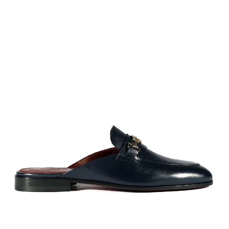 Slippers for chill vibes -Valentino 19700/M Men's Shoes Navy Blue Calf-Skin Leather Slipper Mules (VAL1002)