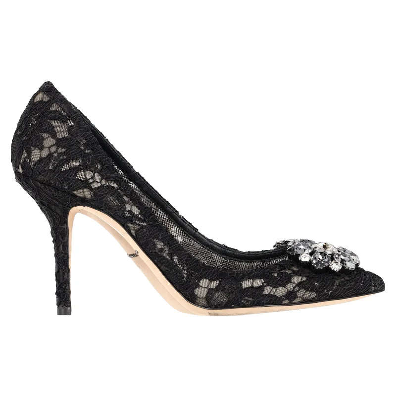 Cheap high heels for casual evenings-Dolce & Gabbana Lace Rainbow Pumps with Brooch in Black Rayon