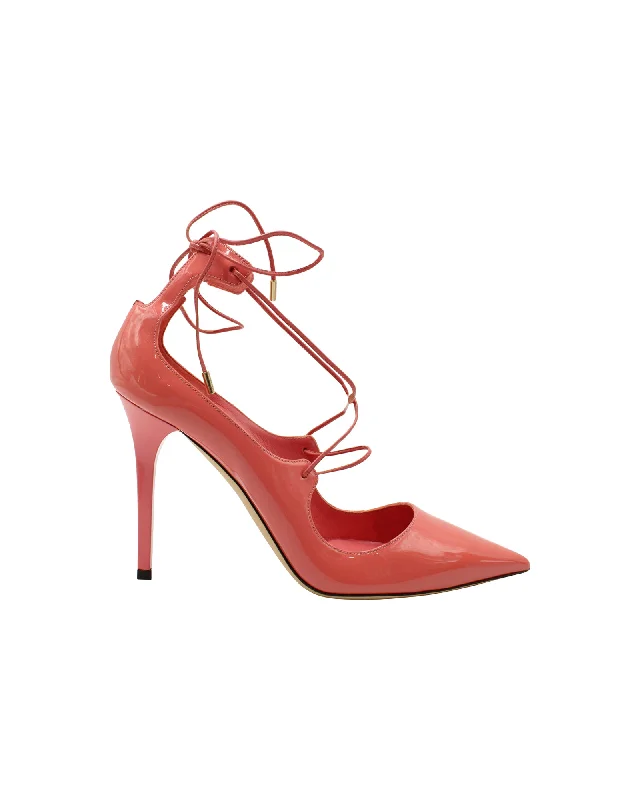 Best high heels for evening parties-Jimmy Choo Vita 100 Lace Up Pumps in Patent Leather Coral Pink