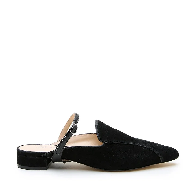 Cheap loafers for casual nights-Black Suede Pointed Loafer + Black Twiggy Strap