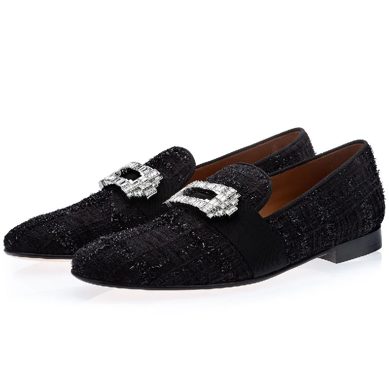 Slippers for damp naps -SUPERGLAMOUROUS Coruna Alana Men's Shoes Black Boucle Slipper Loafers (SPGM1321)