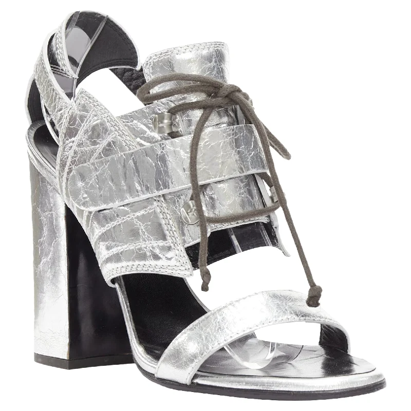 Lightweight high heels for sunny nights-Proenza Schouler crinkled metallic silver leather laced block heel sandal