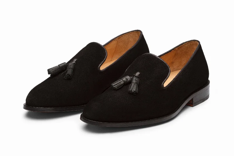 Durable loafers for daily nights-Tassel Loafers - Black Suede