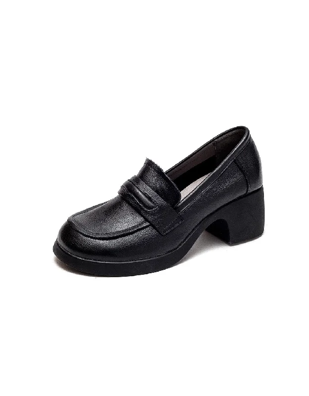 Cushioned loafers for soft comfort-Handmade Retro Leather Chunky Heels Loafers for Women