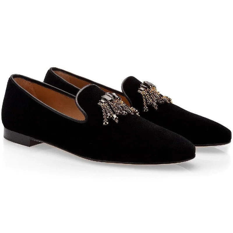 Slippers with aged knit -SUPERGLAMOUROUS Gilles Men's Shoes Black Velour Velvet Slipper Loafers (SPGM1034)