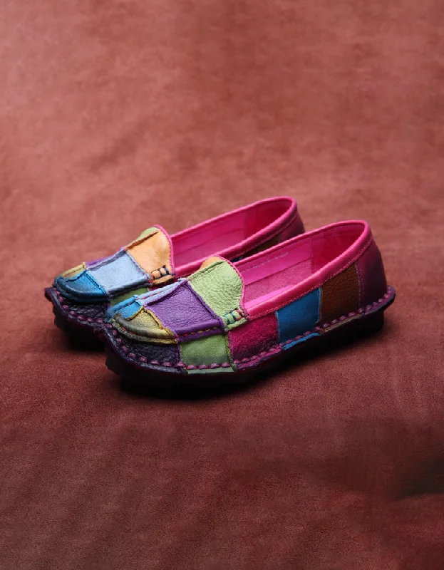 Lightweight loafers for sunny evenings-Color Plaid Round Head Handmade Retro Leather Loafers 35-43