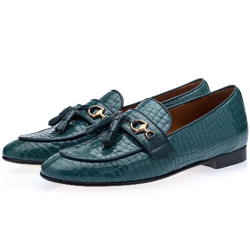 Grand slippers for rare treats -SUPERGLAMOUROUS Bruno Men's Shoes Green Crocodile Print Leather Slipper Loafers (SPGM1313)