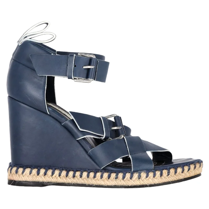 Cheap high heels for casual evenings-Balenciaga Buckle Straps Espadrille Wedge Heels in Navy Blue Leather