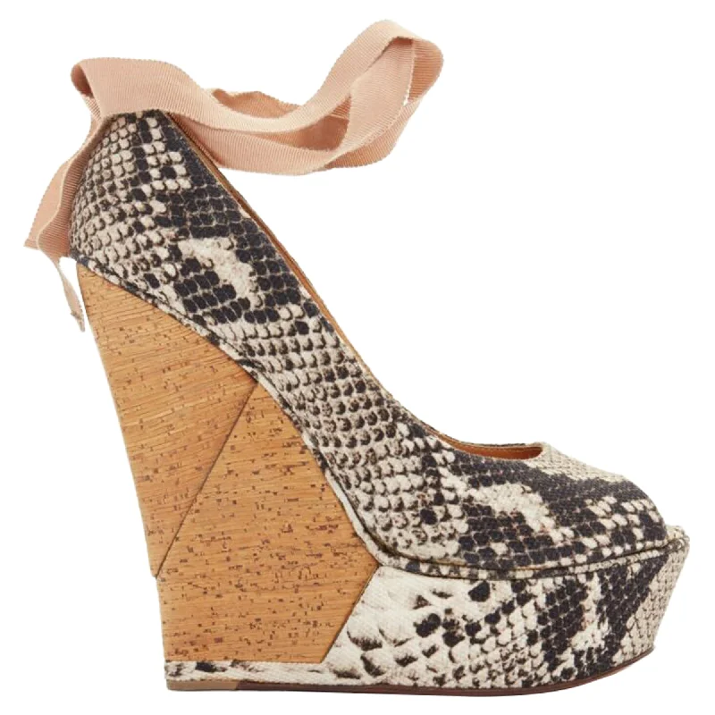 Lightweight high heels for summer nights-Lanvin Alber Elbaz Scaled Leather Print Wedge Ribbon Ankle Strap Heel