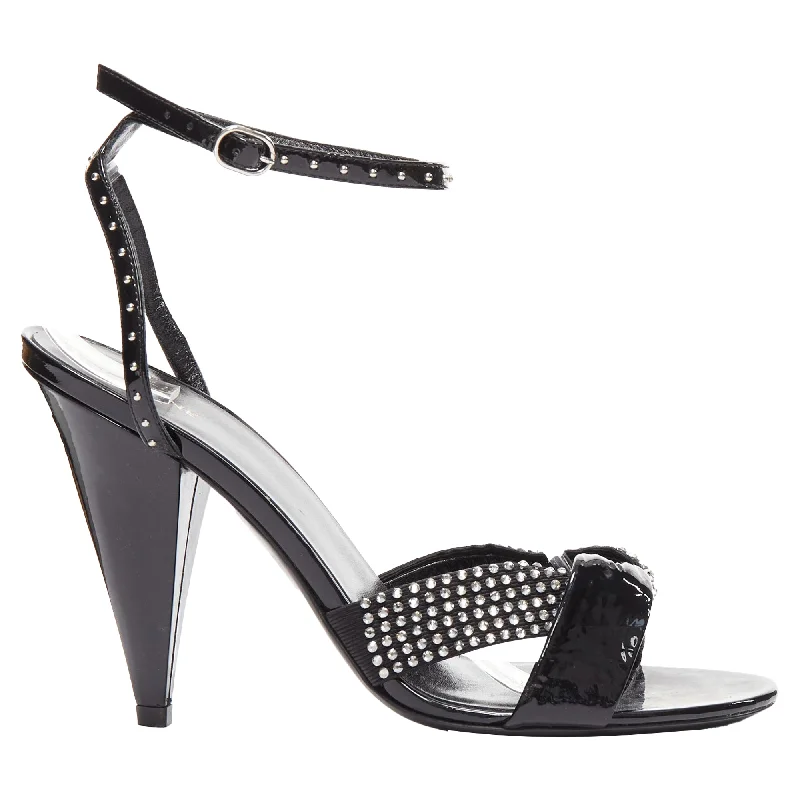 Affordable high heels for family nights-Celine Hedi Slimane patent leather silver crystals sandal heels