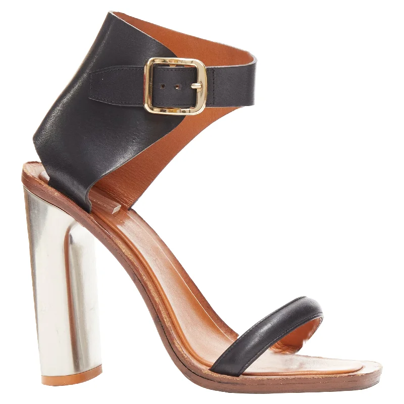 Breathable high heels for airy evenings-Celine Phoebe Philo Bam Bam open toe silver metal block heel sandal