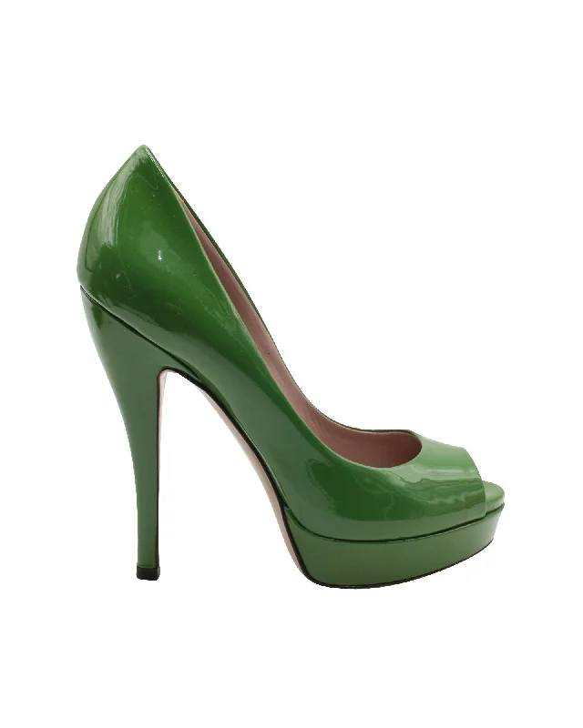 Soft high heels for cozy nights-Gucci Peep-Toe High Heel Pumps in Green Patent Leather