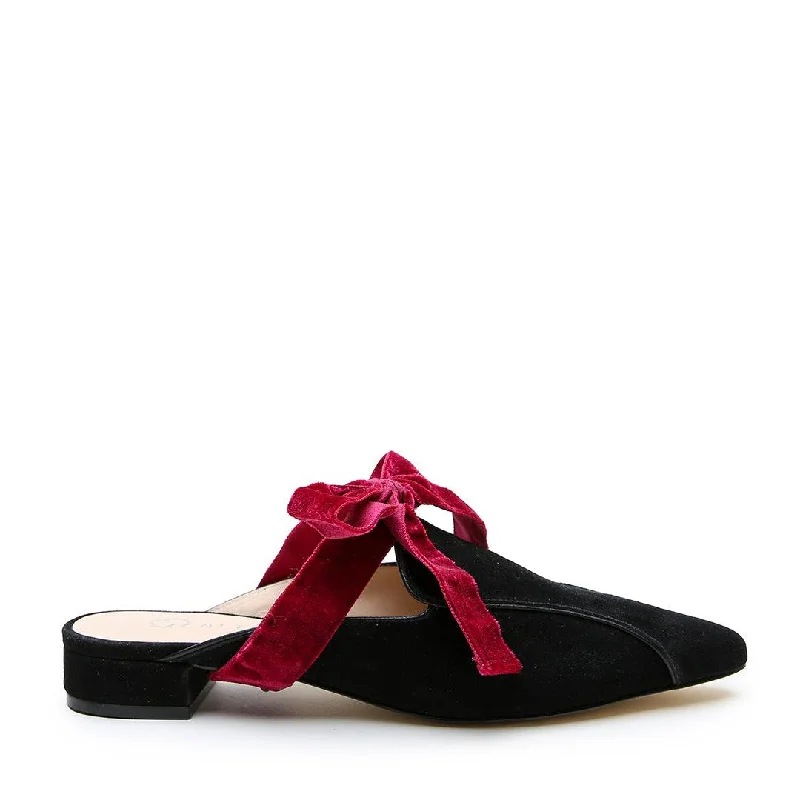 Comfortable loafers for long evenings-Black Suede Pointed Loafer + Red Velvet Marie Strap