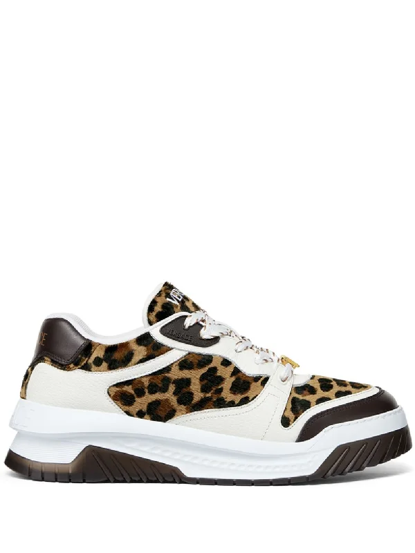 Shoes with rain-safe treads -VERSACE Leopard Print Panel Sneakers for Men